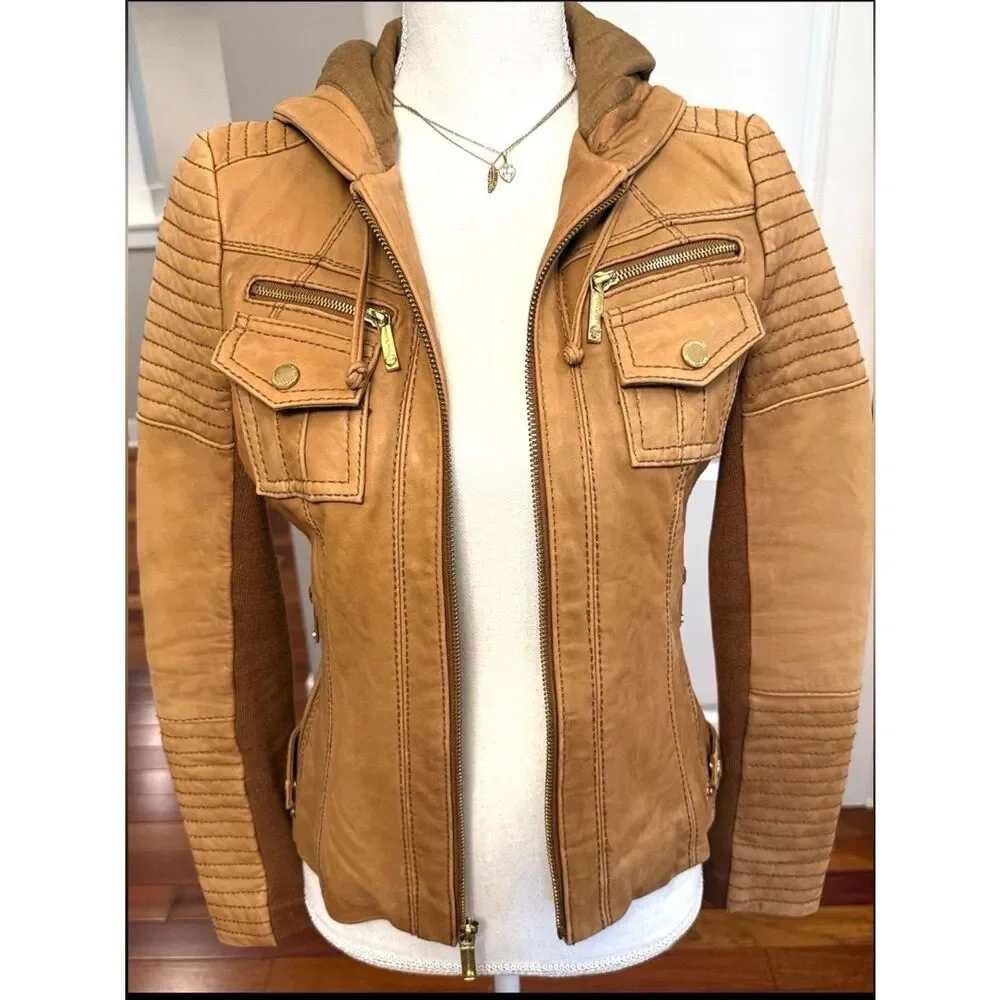 MICHAEL KORS LEATHER HOODIE BIKER TRUCKER JACKET 2K BOHO SOFT NUBUCK  POCKETS XS